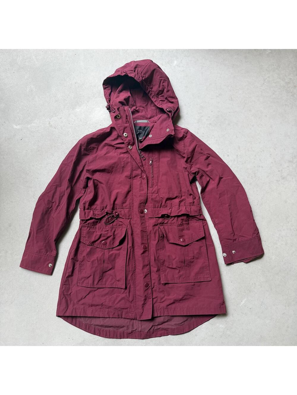 J.Crew Maroon Rain Jacket Petite XXS Cinch Waist Water Repellant Hooded Raincoat